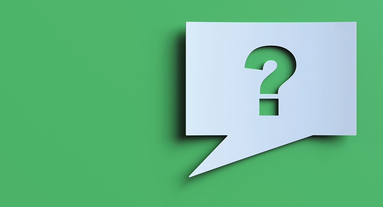 Promotional image for the Crampeze Frequently Asked Questions Page. Image contains a blue dialogue box with a question mark symbol, set on a green background.